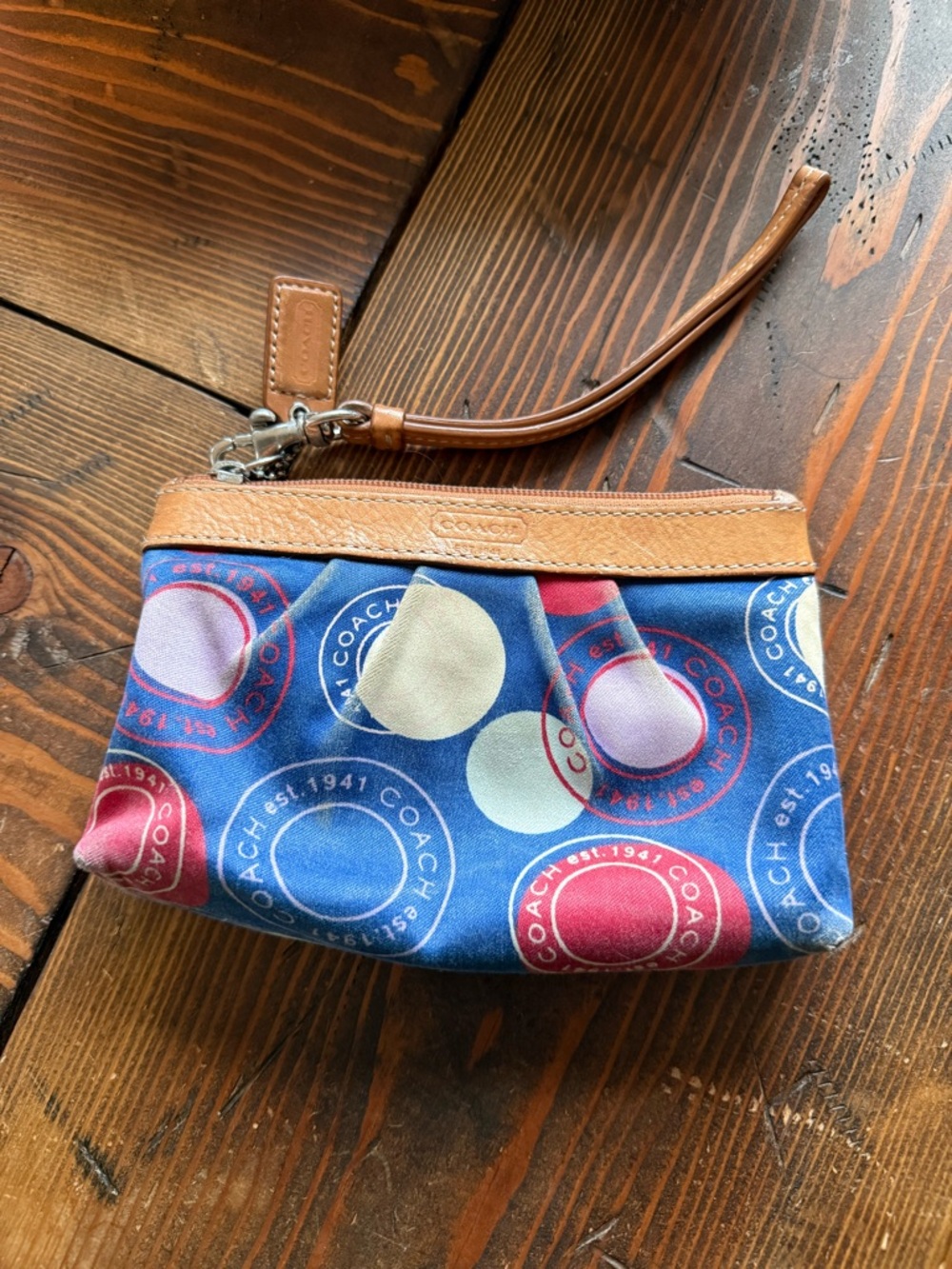 Coach Multicolor Circle Print Wristlet with Tan Leather Trim